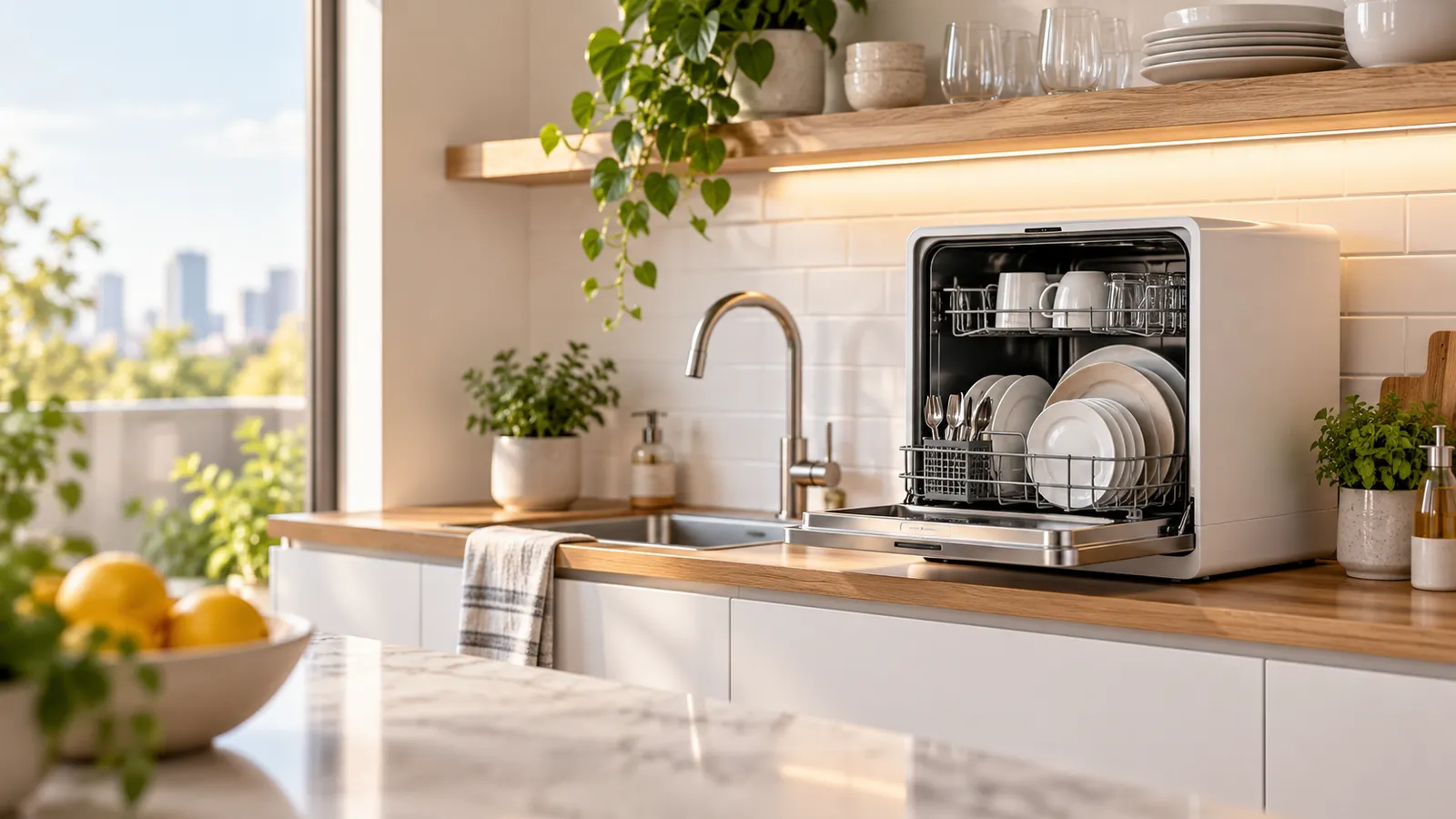 Lavavajillas compacto de sobremesa abierto, con platos y tazas, sobre la encimera de una cocina luminosa junto al fregadero